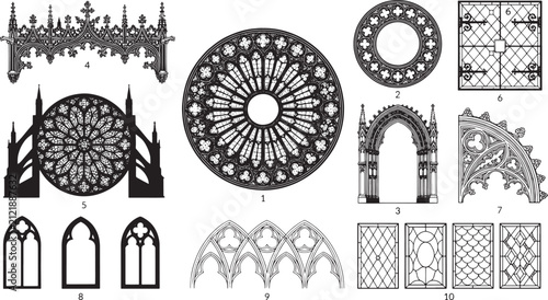 Collection of gothic architectural featuring rose windows, arched windows, stone railings, and decorative frames in line style