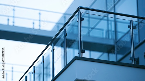 Modern architectural glass railing and walkway against a blue sky