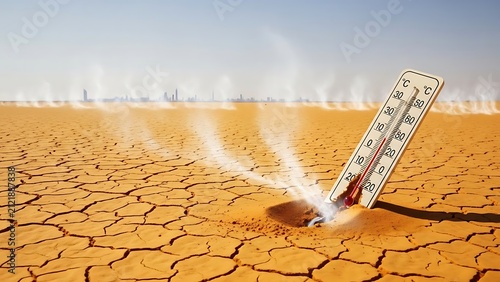 Thermometer on cracked ground during extreme heatwave.
