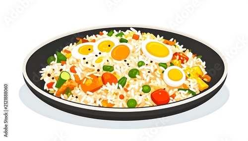 Colorful vegetable and egg fried rice in a bowl.