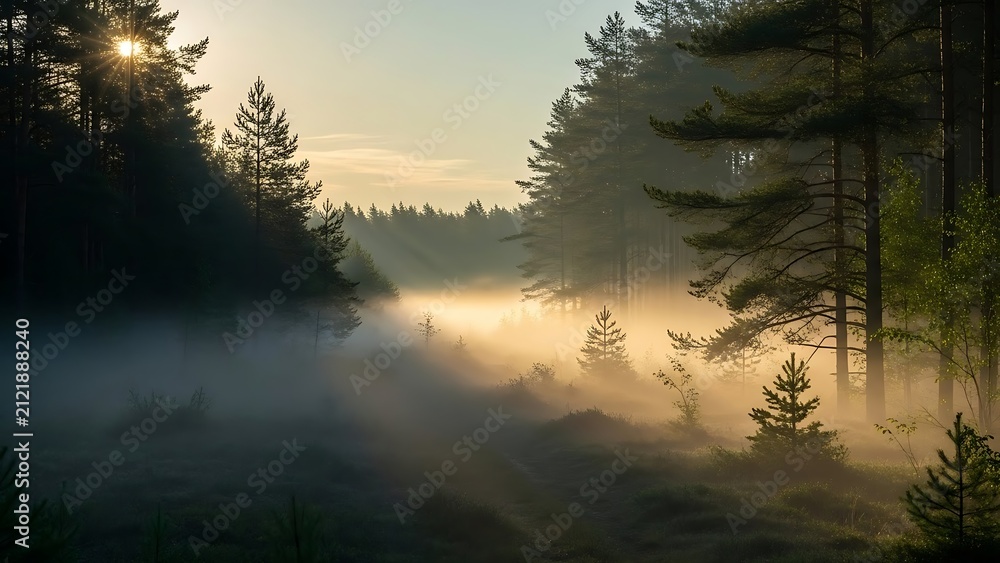 Obraz premium Thick morning fog in a pine forest clearing