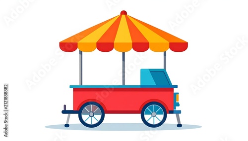 Red food cart with yellow umbrella on city street.