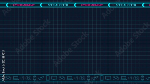 Seamless looping background animation of moving Cyber Monday text stripes and shopping elements with dark blue grid center text copy space area. Flat style promo frame banner template concept