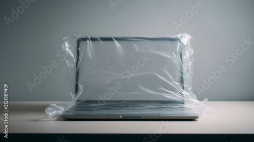 Obraz na płótnie Laptop Covered in Plastic Wrap Reflecting Isolation Concept