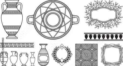 Set of ancient greek pottery, amphorae, laurel wreaths, and decorative mosaic patterns in a black and white line style format