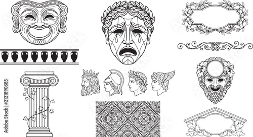 Set of ancient greek theatrical masks, architectural columns, decorative borders, and historical busts in black and white line style
