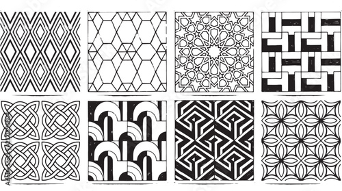 Set of eight black and white seamless patterns with diamonds, hexagons, star polygons, woven strips, celtic knots, arches, and floral motifs