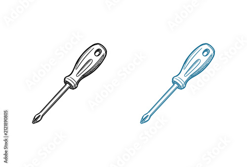 Hand drawn phillips head screwdriver illustration in black and blue sketch styles.