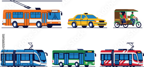 Fotografie Public city transport vector set featuring modern electric tramway commuter bus yellow taxi cab and auto rickshaw isolated on white backdrop