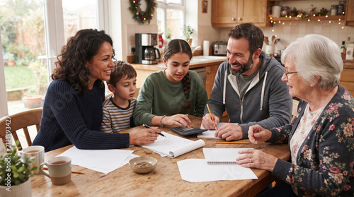 A multi-generational family gathered around a kitchen table, discussing and working on financial documents together.