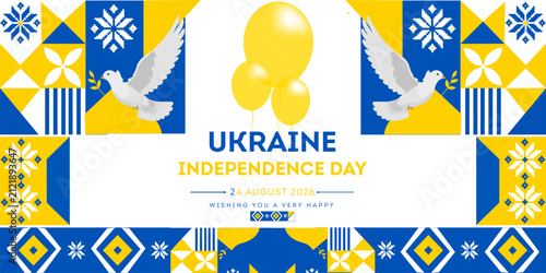 Ukraine Independence Day Banner with Traditional Ukrainian Folk Ornament, White Doves and Balloons. Patriotic Celebration Background in Blue and Yellow Colors, Vector Illustration