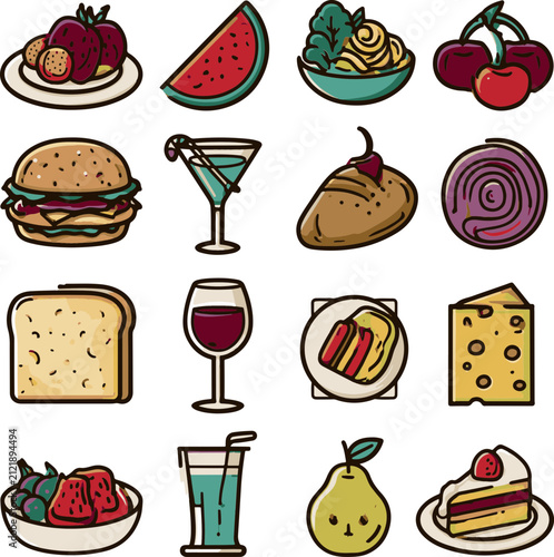 Food and Drink Icon Set with Fruits, Fast Food, Desserts and Beverages Flat Outline Vector Collection