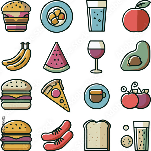 Food and Drink Icon Set with Fruits, Fast Food, Desserts and Beverages Flat Outline Vector Collection