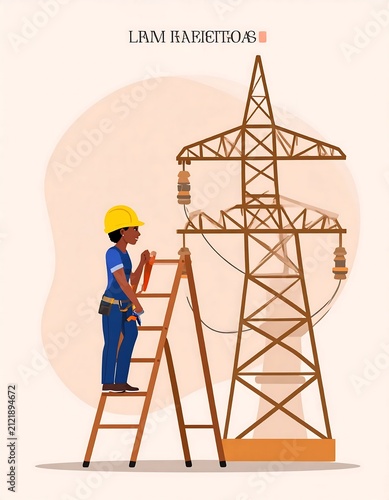 Construction worker on ladder with hard hat and toolbelt.