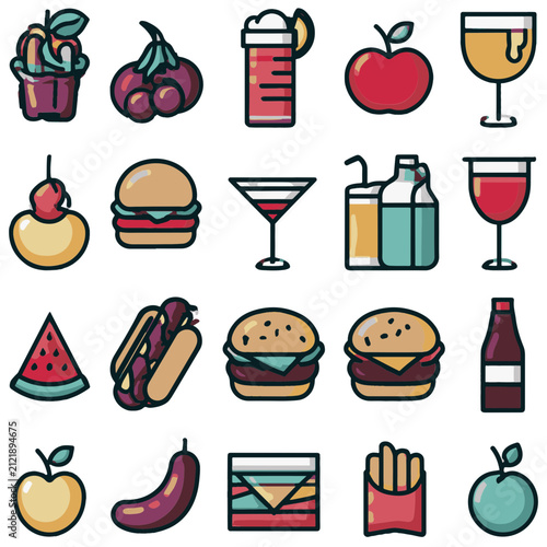 Food and Drink Icon Set with Fruits, Fast Food, Desserts and Beverages Flat Outline Vector Collection