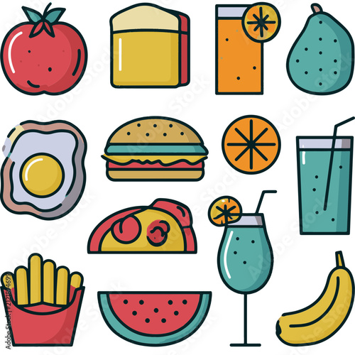 Food and Drink Icon Set with Fruits, Fast Food, Desserts and Beverages Flat Outline Vector Collection