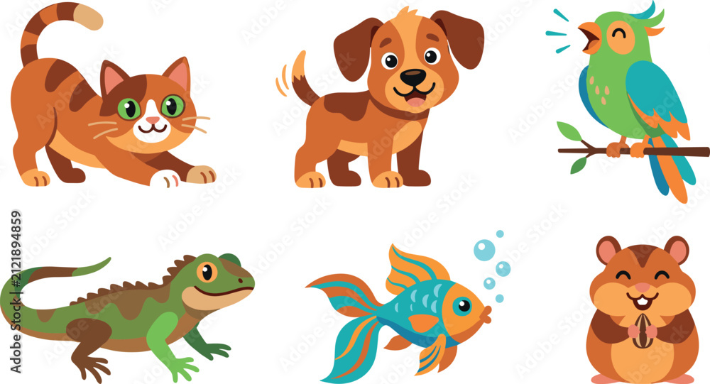 Obraz premium Cute Cartoon Domestic Pet Illustration Set Featuring Stretching Tabby Cat, Happy Puppy Dog, Singing Parrot, Green Iguana Lizard, Tropical Fish, and Hamster