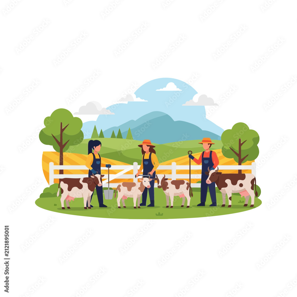 Fototapeta premium Farmers with cows on a farm