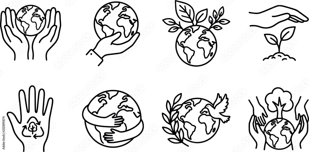 Obraz premium Ecology and Earth Day Line Icon Set Featuring Hands Holding Globe, Plants, Leaves, Recycling Symbols, and Peace Dove for Environmental Designs