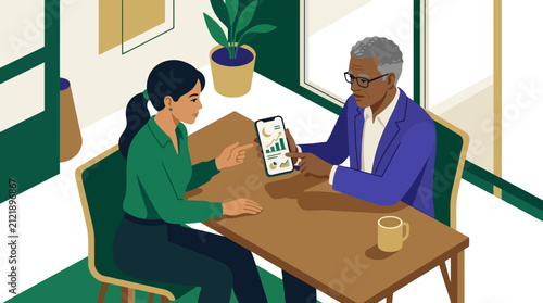 Professional business colleagues discussing financial data on a smartphone screen in a modern office setting. EPS Editable. Vector Illustrations.