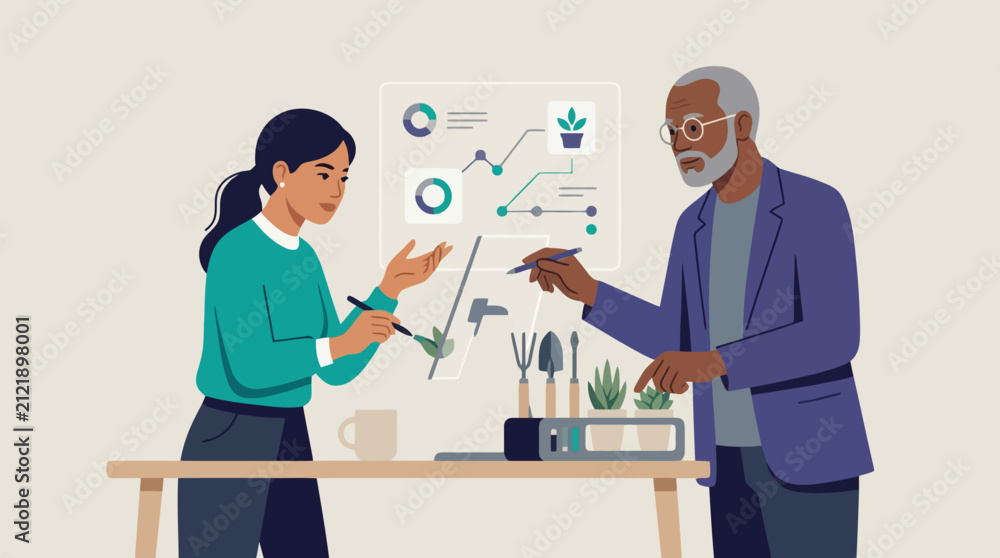 Fototapeta premium Professional business people discussing sustainable agriculture project strategy. EPS Editable. Vector Illustrations.