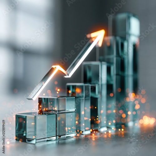 Glass Cube Bar Chart with Glowing Upward Growth Arrow