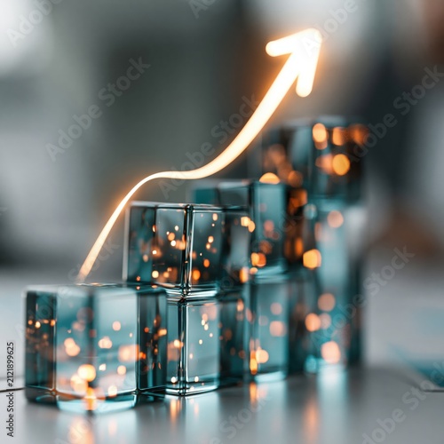 Glass Cube Bar Chart with Glowing Upward Growth Arrow