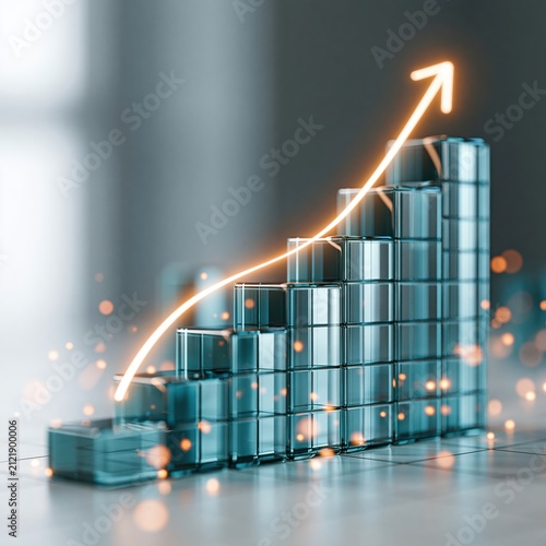 Rising Glass Block Graph and Orange Arrow in Bright Office