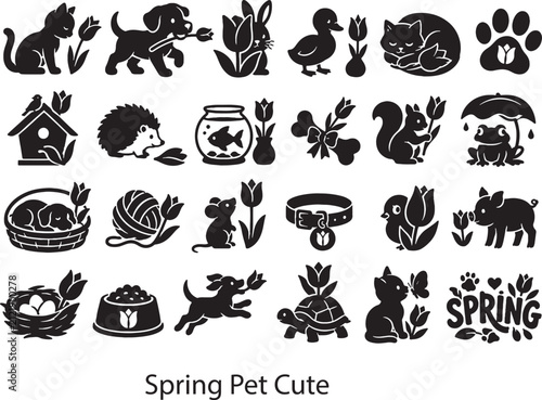 Canvastavla Spring Pet Cute Critter Cat Dog Bunny Tulip Icon Set - Minimalist Vectors