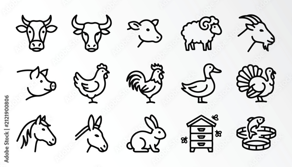 Obraz premium Set of hand drawn farm animal icons including cow sheep goat pig chicken rooster duck and rabbit