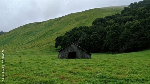 Weathered barn sits solitary in lush green field before misty, tree-lined hills