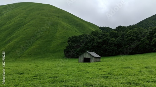 Solitary old barn sits in lush green field below rolling hills