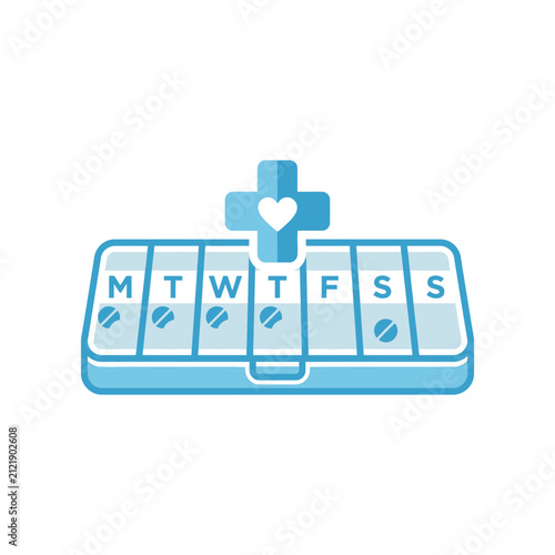 A blue weekly pill organizer icon with a medical cross symbol