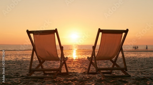 Two empty deck chairs face a vibrant sunset on a sandy beach