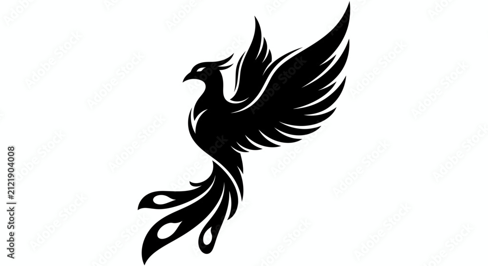 Fototapeta premium Monochrome phoenix silhouette with outstretched wings, a bold black emblem suggesting myth and flight.