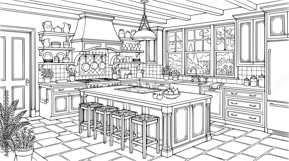 Fototapeta premium Cozy Kitchen Interior Coloring Page with Island and Open Shelving