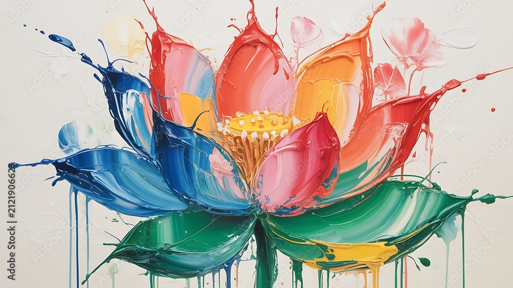 Obraz premium An abstract expressionist painting of a vibrant lotus flower featuring dynamic paint splashes and colorful textures