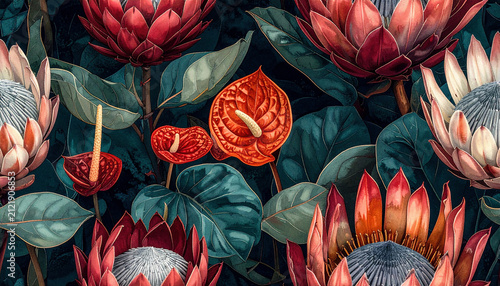 Exotic Protea Floral Dark Teal Seamless Pattern