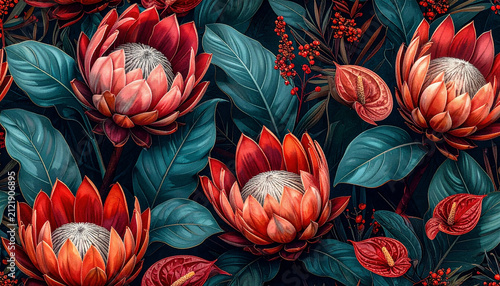 Exotic Protea Floral Dark Teal Seamless Pattern