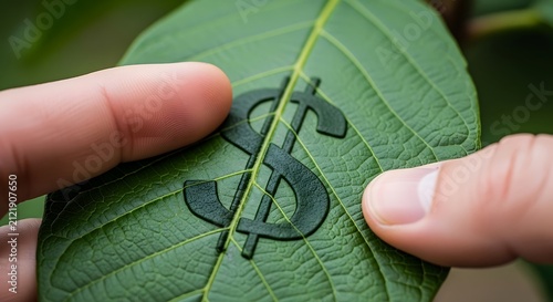 A person holds a vibrant green plant leaf featuring an embossed currency symbol symbolizing financial growth and sustainable investments in ecology and natural resources for businesses