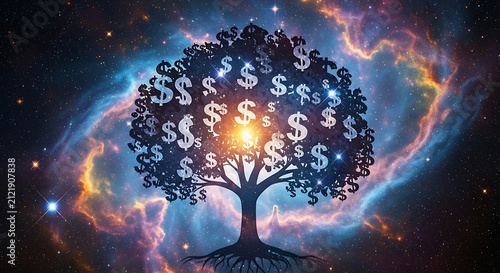 Fototapeta kuchenna A magical financial tree glowing with numerous currency symbols stands proudly amidst a vast cosmic nebula filled with brilliant stars and swirling galaxies representing wealth and prosperity