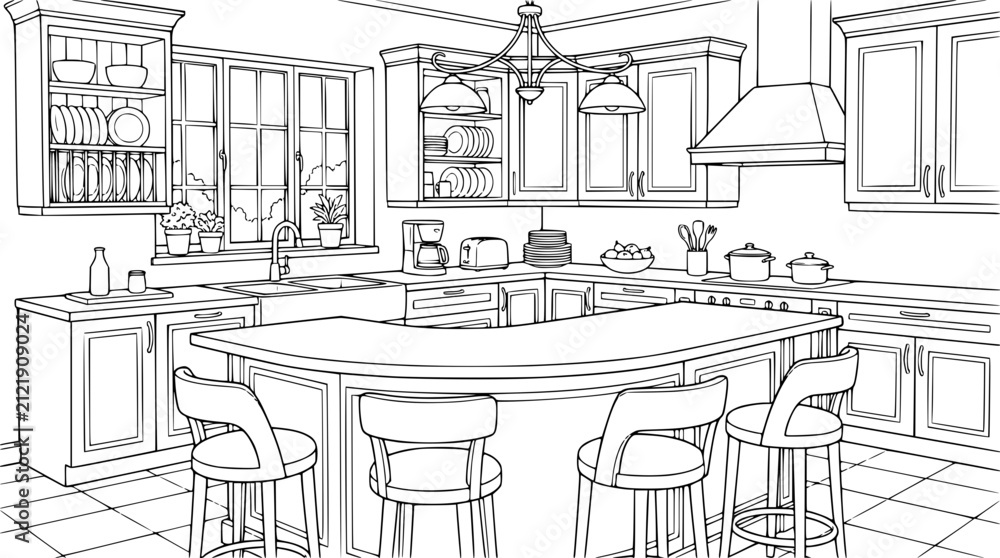 Fototapeta premium Detailed modern kitchen interior coloring page with island and stools