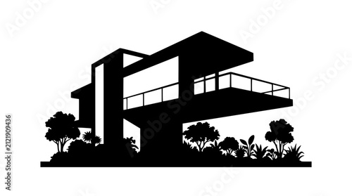 Silhouette of a Modern Minimalist Architecture House with Garden