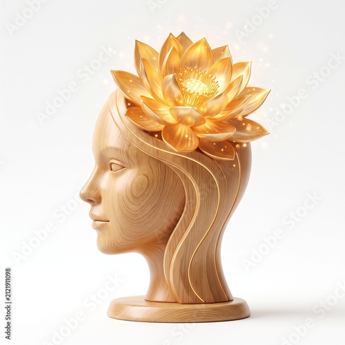 Wooden carved woman head profile with glowing golden lotus