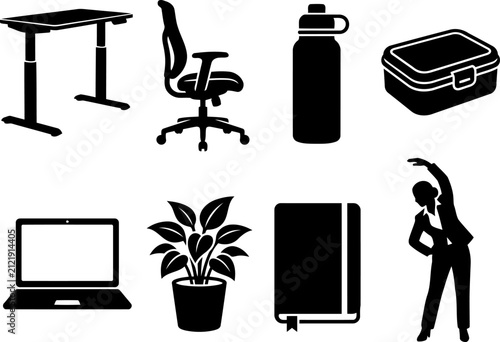 Set of office and healthy lifestyle icons including standing desk, chair, water bottle, lunch box, laptop, plant, notebook, and stretching