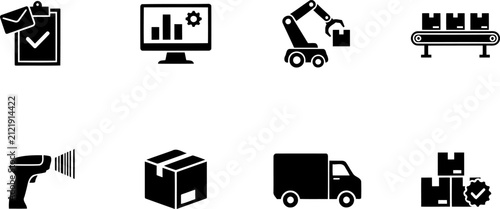 Set of logistics and supply chain icons including warehouse management, automated packaging, scanning, and delivery services