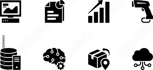 Set of business and technology icons including data analysis, reporting, growth, barcode scanner, database, ai, logistics, cloud