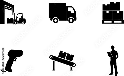 Logistics and supply chain management icons set including forklift, delivery truck, cargo pallet, barcode scanner, conveyor belt, and warehouse worker