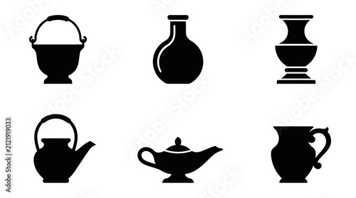 Ancient pottery and vessel silhouettes including jugs and oil lamps.