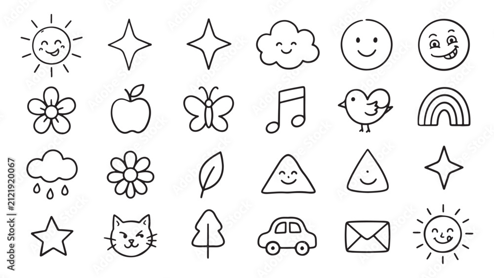 Fototapeta premium Cute Doodle Icon Collection – Hand Drawn Outline Cartoon Objects Set with Food Nature Travel Space and Everyday Elements